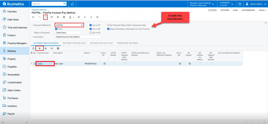 Payment Methods enable the check boxes